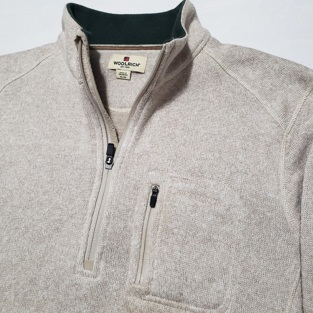 Woolrich 1/4 Zip Pullover Mens XL Beige Long Sleeve‎ Zip Pocket Sweater
